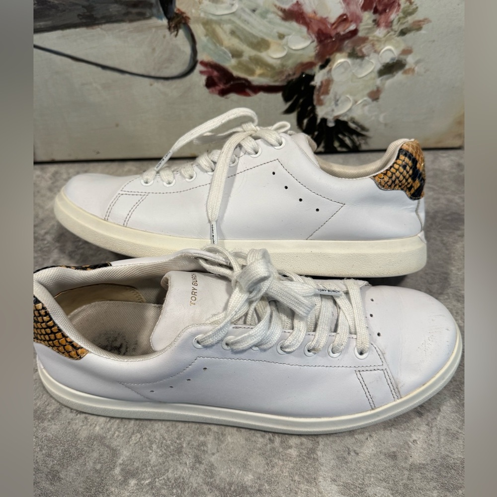 Tory Burch White Sneakers with Snake Print Accent size 10